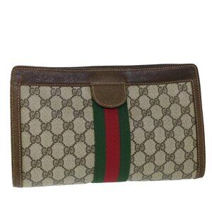 GUCCI GG Canvas Web Sherry Line Clutch Bag PVC Leather Beige Green